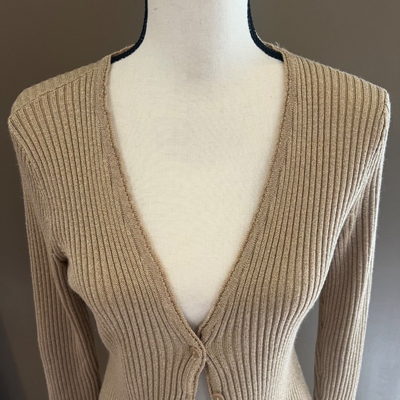 New York & Company Women's Gold Metallic Low Cut Button Cardigan, Size Large - Picture 2 of 9